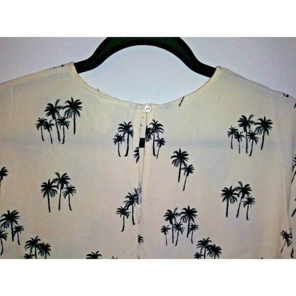 Womens H&M top Palm Trees print Sz L Ivory short sleeve boxy stretch beige black - Picture 3 of 7